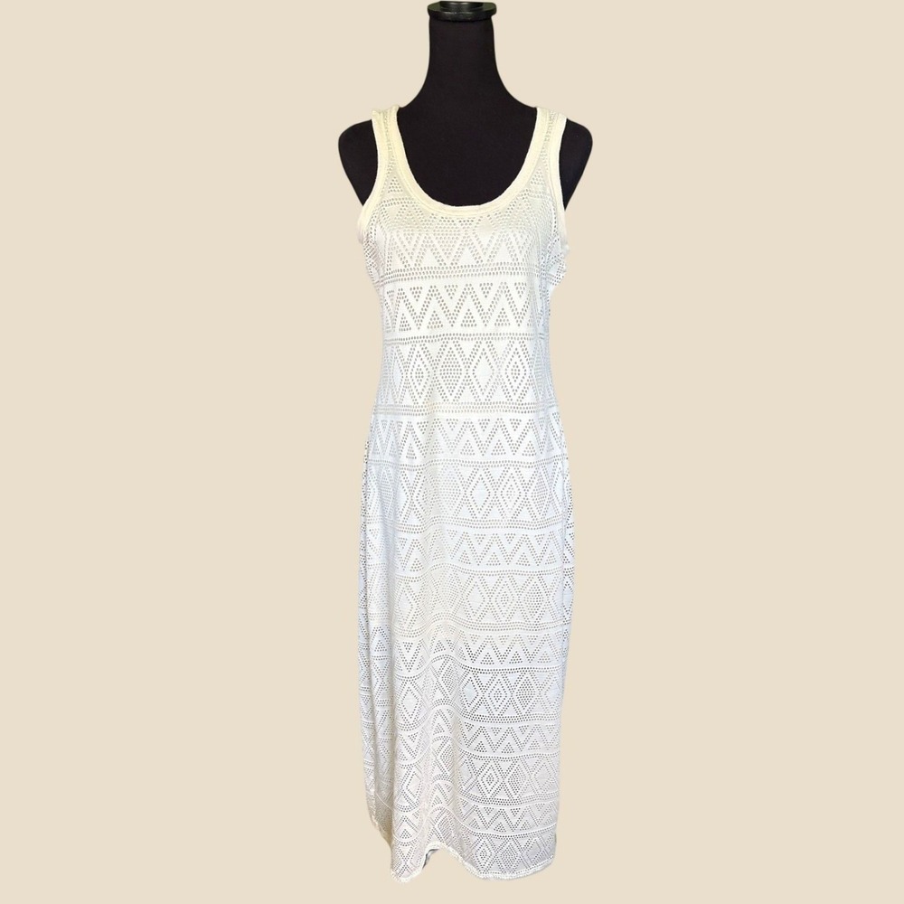 Daisy Fuentes Ivory Sleeveless Maxi Dress, Mesh Overlay, Large, Beach Casual